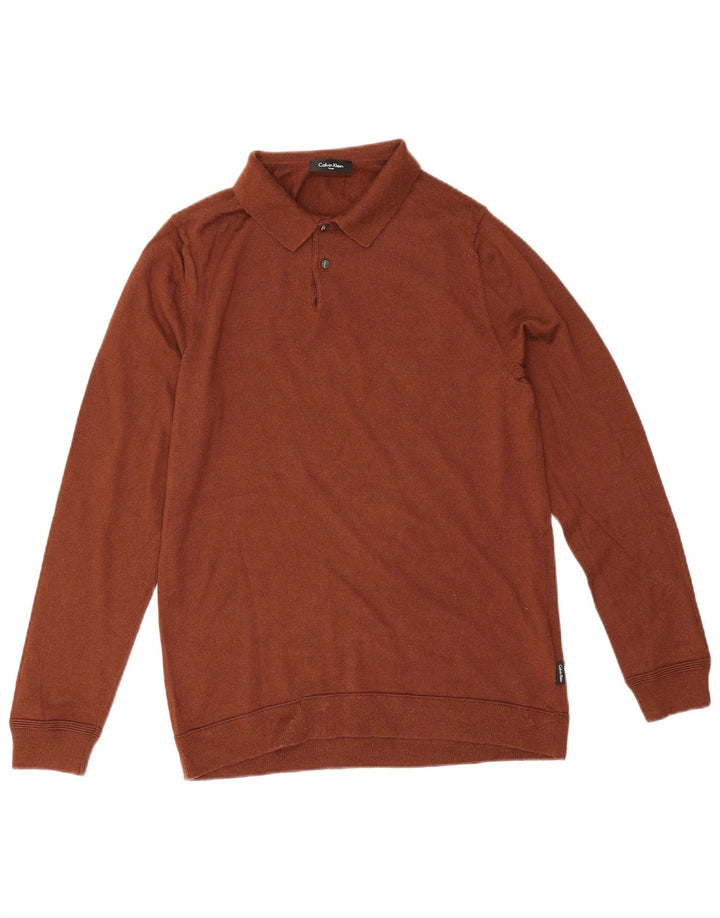 Suéter masculino Calvin Klein com gola polo grande de lã marrom