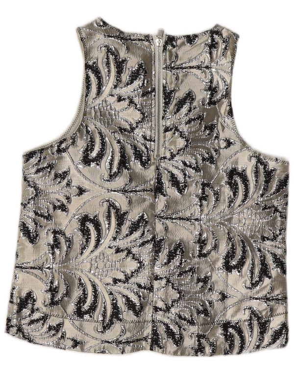 Blusa feminina vintage sem mangas Top UK 10 poliéster paisley cinza pequeno