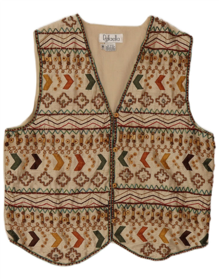 Colete feminino vintage UK 14 seda geométrica bege médio