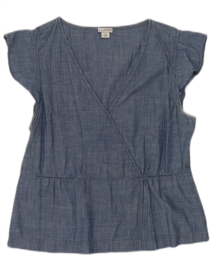 Blusa feminina J. CREW Top UK 14 grande algodão azul