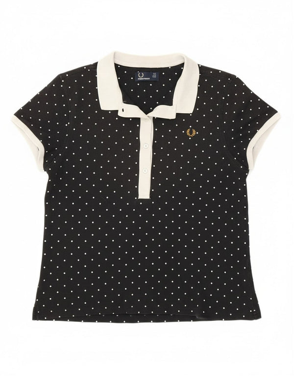 Camisa polo feminina Fred Perry Reino Unido 14 grande algodão manchado preto