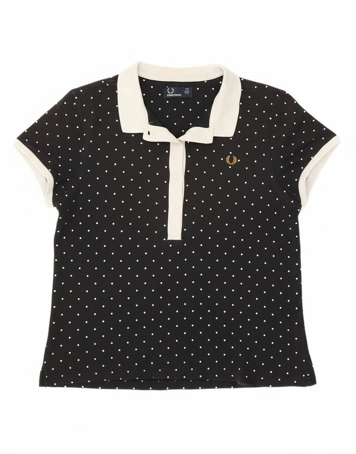 Camisa polo feminina Fred Perry Reino Unido 14 grande algodão manchado preto