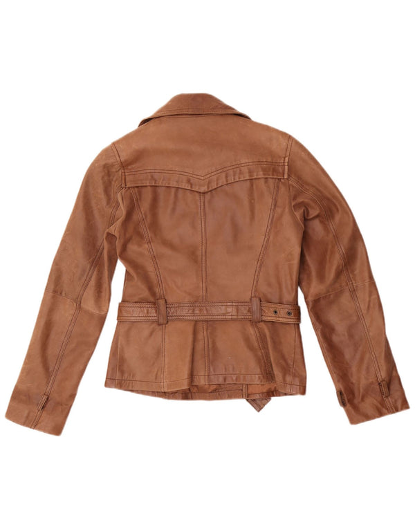 Jaqueta de couro vintage feminina com peito duplo Reino Unido 10 pequena marrom