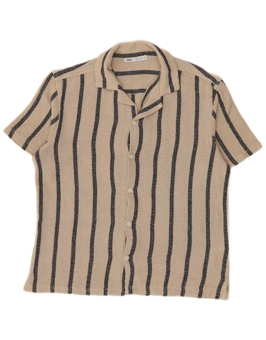 Zara Camisa masculina de manga curta grande algodão listrado bege