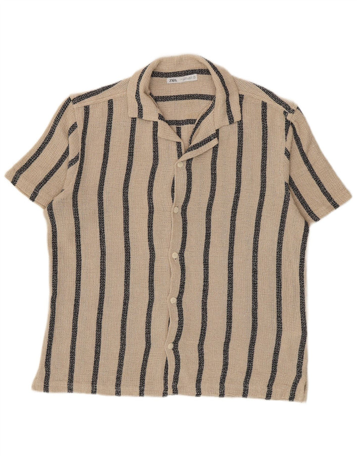 Zara Camisa masculina de manga curta grande algodão listrado bege