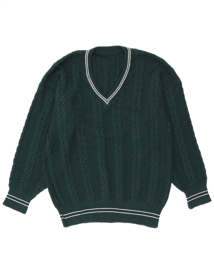 Suéter masculino vintage com decote em V grande listrado verde