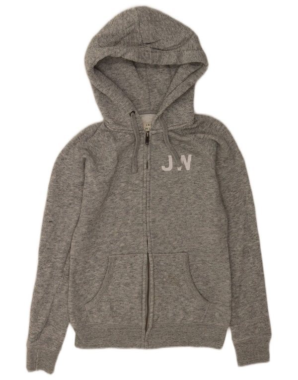 Suéter feminino Jack Wills com capuz e zíper gráfico Reino Unido 6 XS poliéster manchado cinza