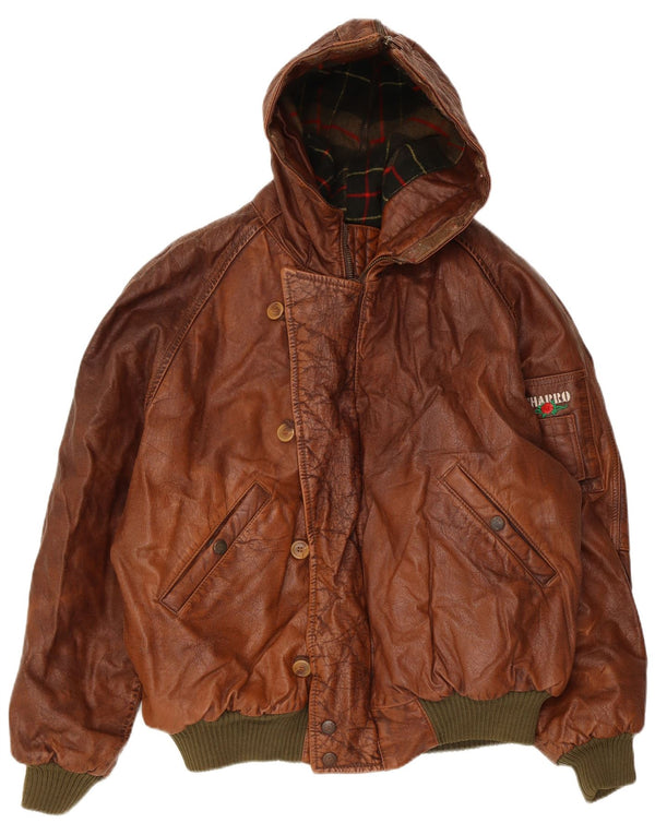 Jaqueta masculina de couro com capuz Charro UK 40 grande couro marrom colorblock