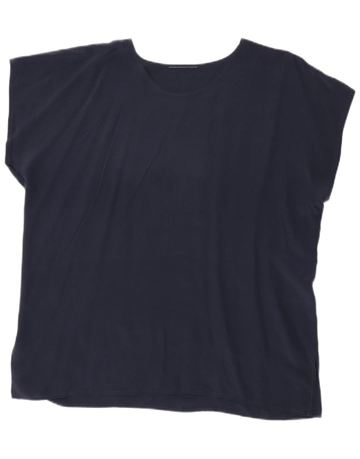 Blusa feminina vintage sem mangas Top UK 20 2XL seda azul marinho