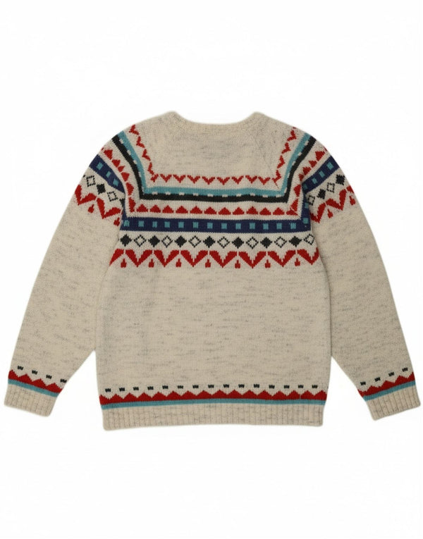 Suéter feminino vintage com gola redonda UK 12 cinza médio Fair Isle