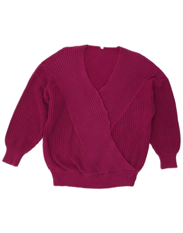 Suéter feminino VINTAGE com decote em V grande UE 40 algodão roxo médio