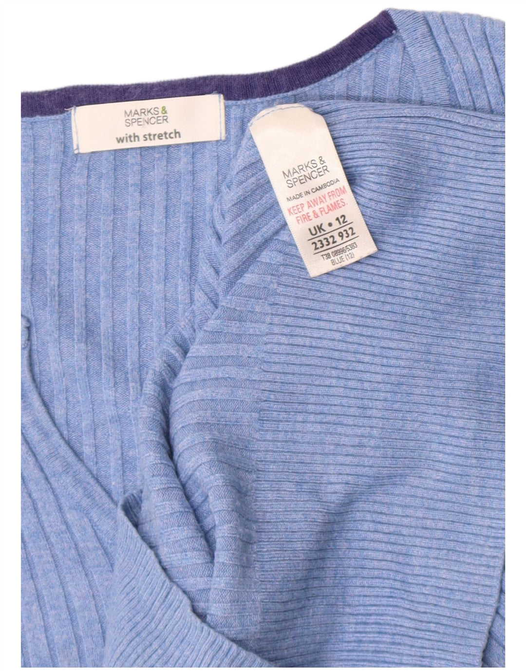 Suéter feminino Marks & Spencer manga curta com decote em V Reino Unido 12 azul médio