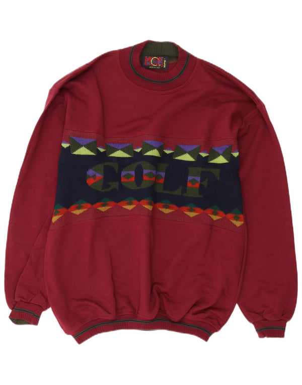 Suéter vintage masculino de golfe com gola redonda, bloco colorido médio Borgonha