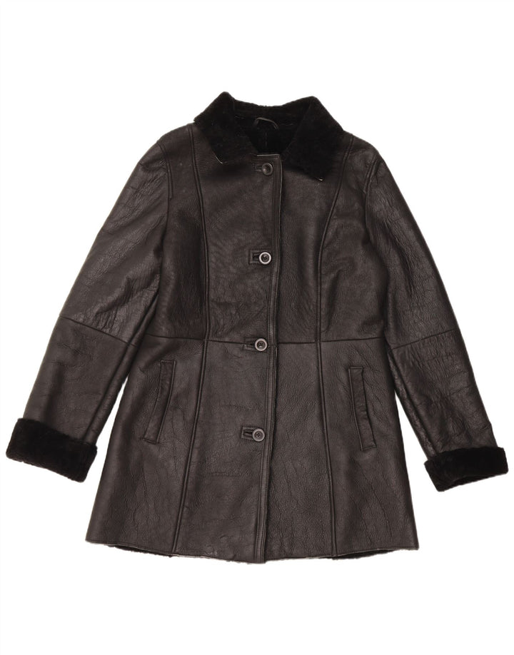 Casaco feminino vintage de shearling EU 40 couro preto médio