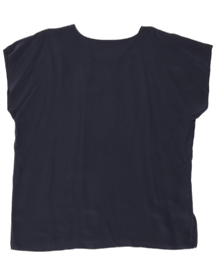 Blusa feminina vintage sem mangas Top UK 20 2XL seda azul marinho