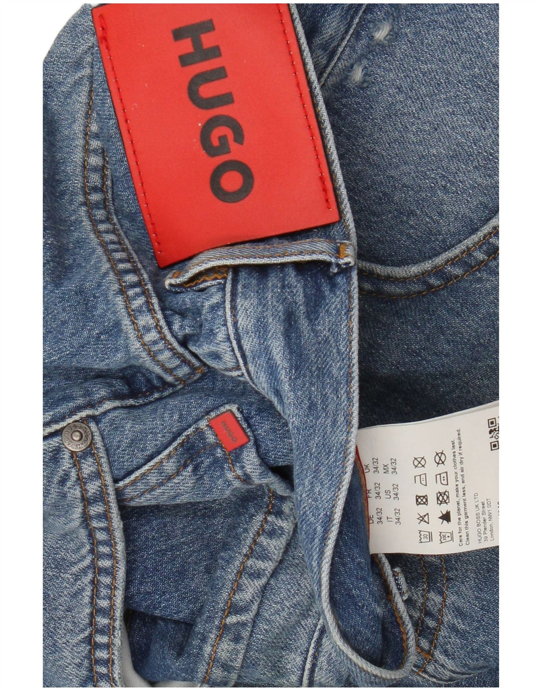 HUGO BOSS Calça jeans reta masculina desgastada W34 L27 algodão azul