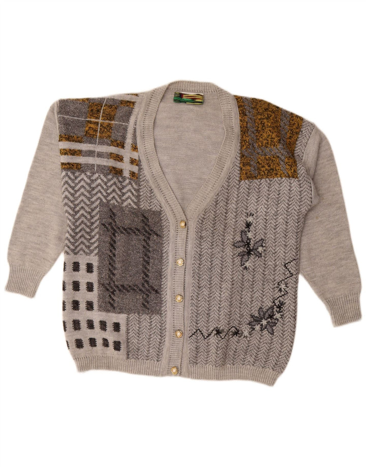 Suéter cardigã feminino vintage UK 18 XL cinza patchwork