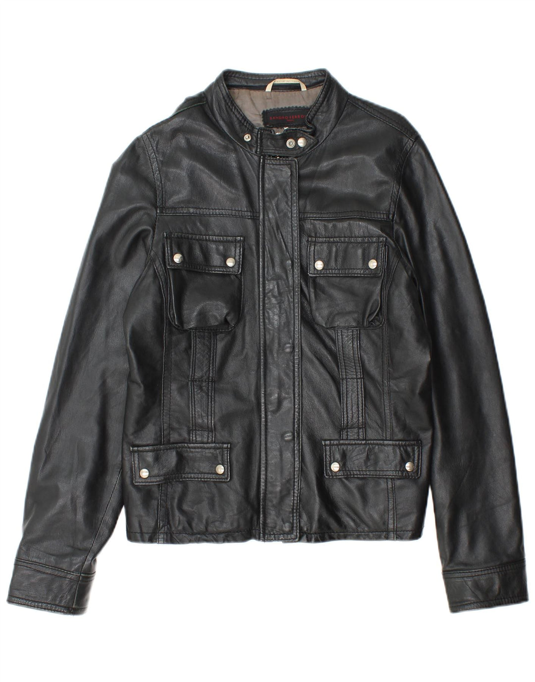 Jaqueta de couro feminina SANDRO FERRONE Reino Unido 14 grande couro preto