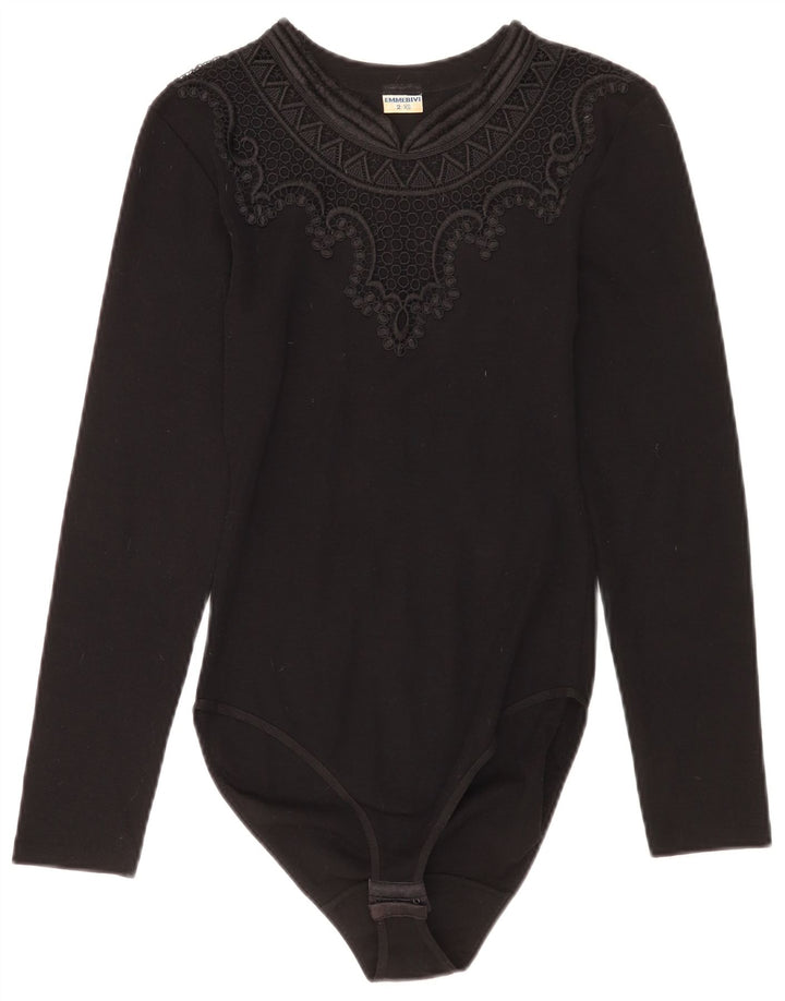 Body feminino vintage de manga comprida UK 2 2XS lã virgem preta