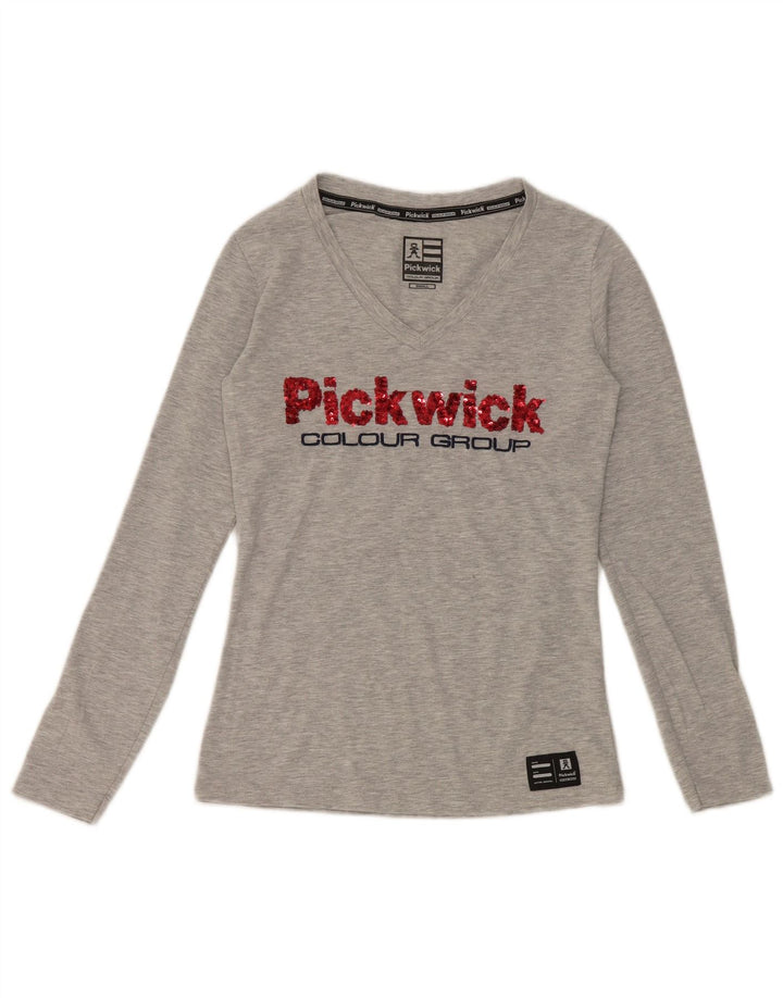 Top gráfico feminino Pickwick manga comprida Reino Unido 8 viscose manchada cinza pequena
