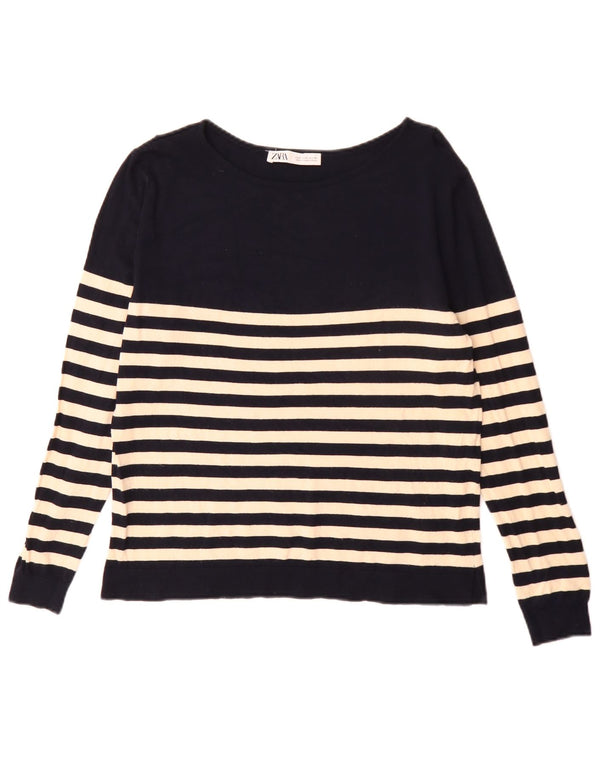 Suéter feminino Zara com gola canoa e listrado azul marinho pequeno Reino Unido 10