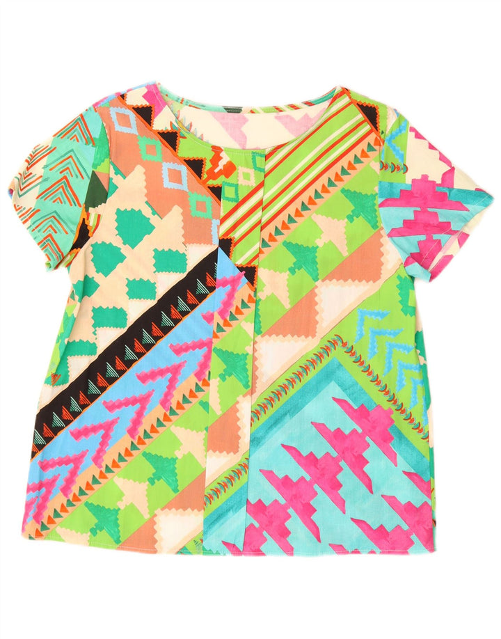 Blusa feminina vintage UK 16 grande geométrica multicolorida