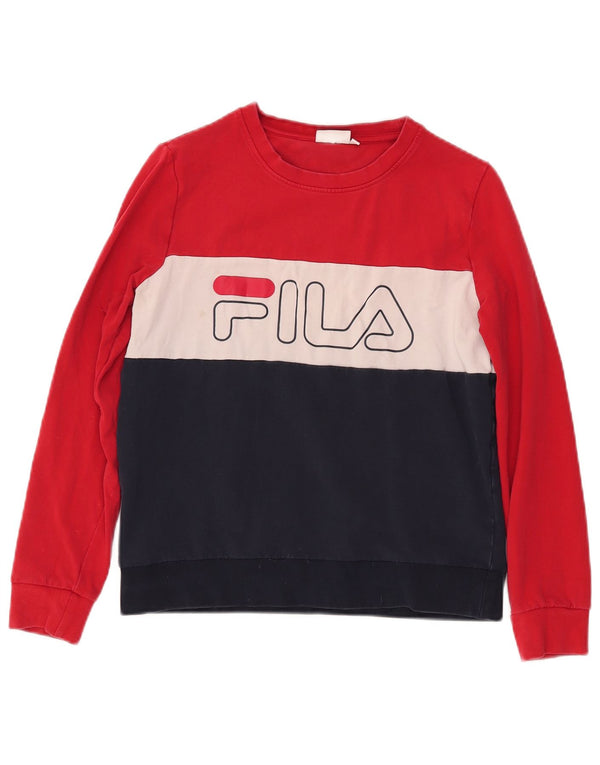 FILA moletom feminino gráfico jumper UK 10 pequeno bloco colorido azul marinho