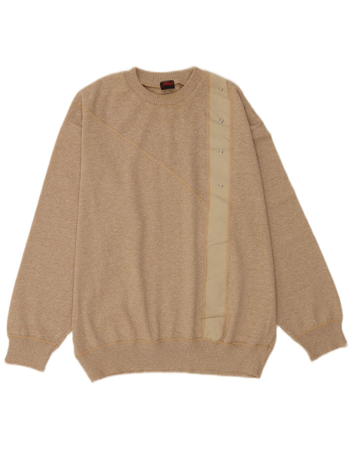 Suéter vintage masculino com gola redonda, grande listrado bege