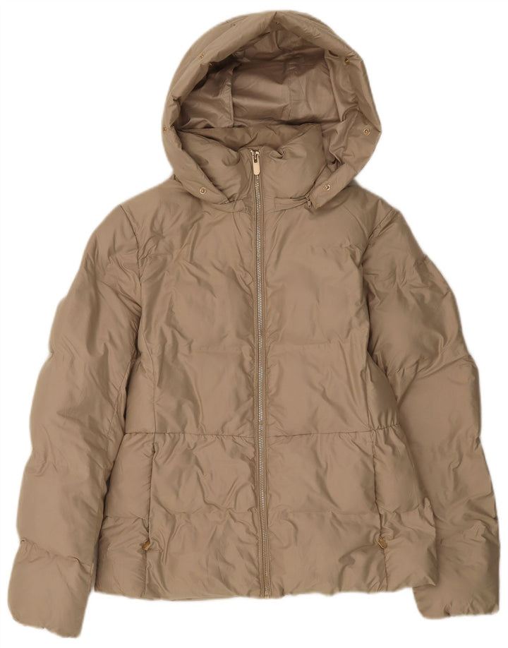Jaqueta acolchoada com capuz feminino ZARA UK 14 poliéster bege médio