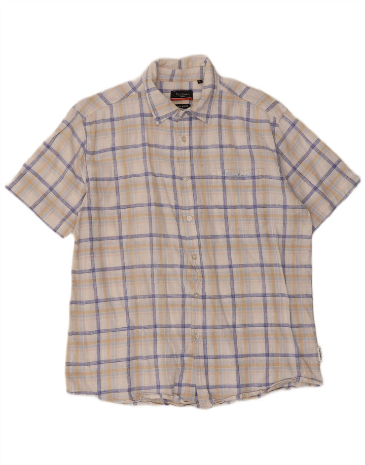 Camisa masculina de manga curta Pierre Cardin grande algodão xadrez branco