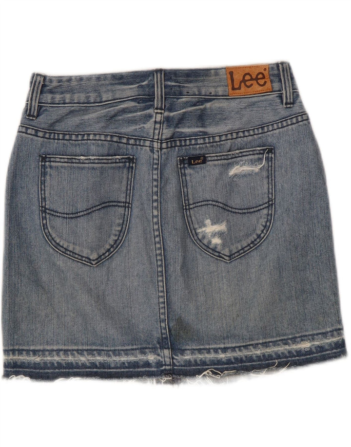 Saia jeans feminina Lee desgastada US 7 médio W28 algodão azul