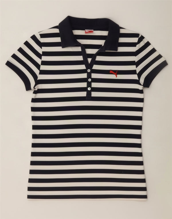Camisa polo feminina Puma UK 10 pequena listrada branca de algodão