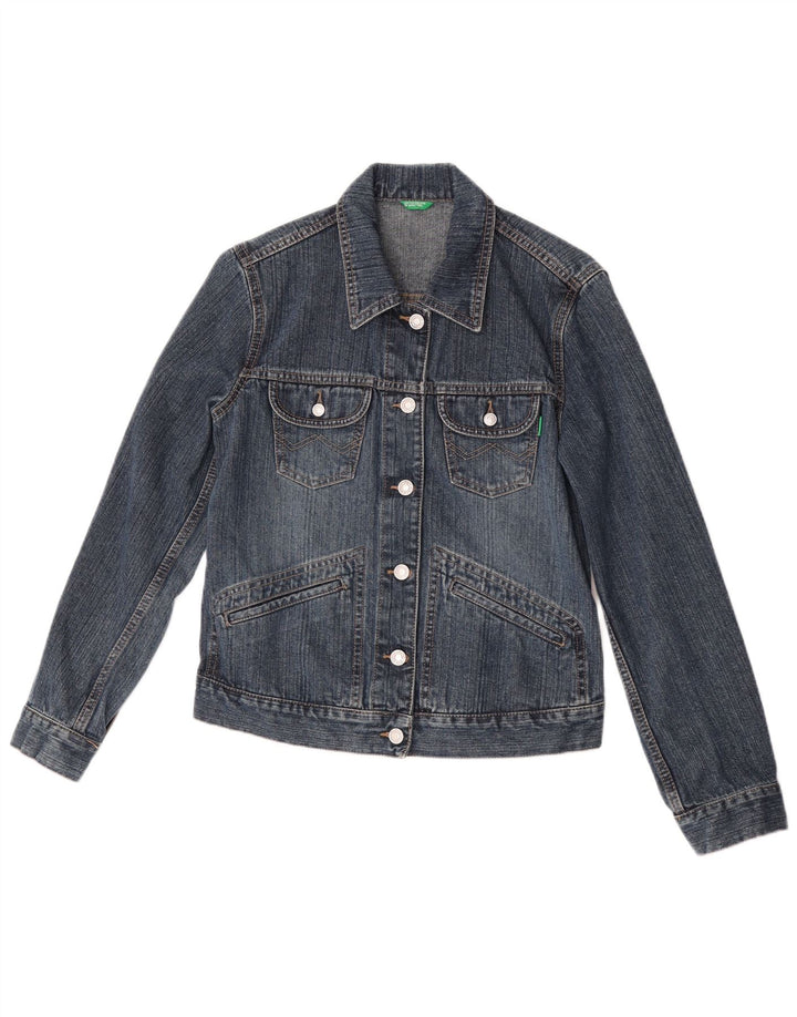 Jaqueta jeans feminina Benetton UK 10 pequeno algodão azul