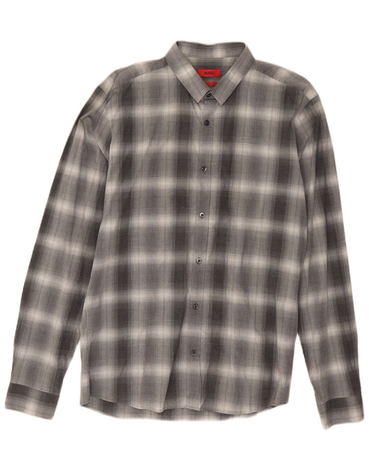 Camisa masculina Slim Fit Hugo Boss grande algodão xadrez cinza