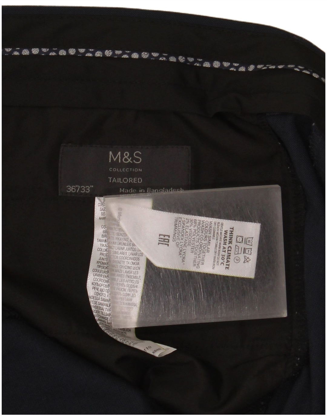 Calça masculina sob medida Marks & Spencer W36 L33 azul marinho poliéster
