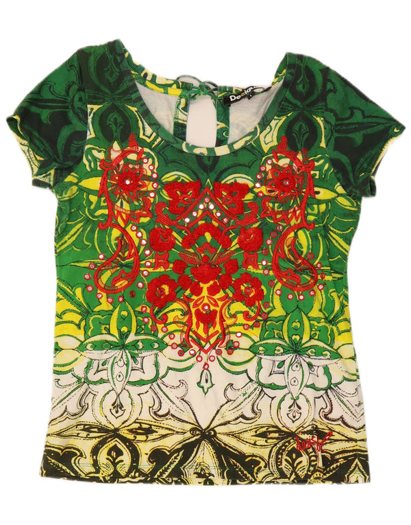 Blusa feminina Desigual com estampa gráfica UK 14 grande algodão paisley verde