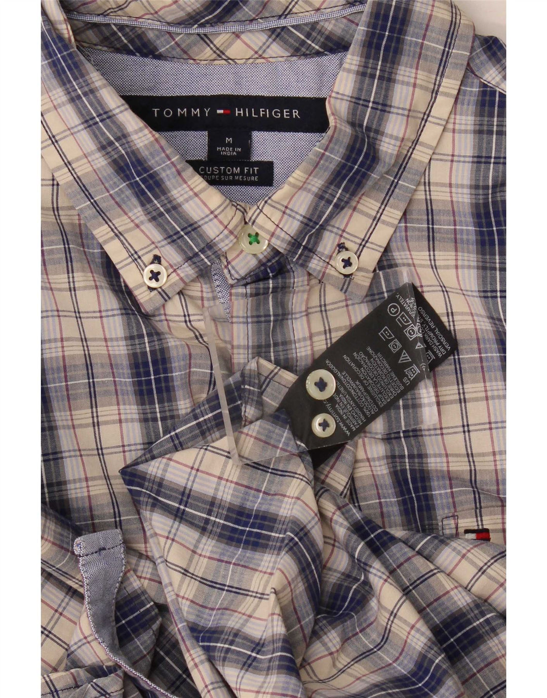 Camisa masculina Tommy Hilfiger Custom Fit de algodão xadrez azul médio