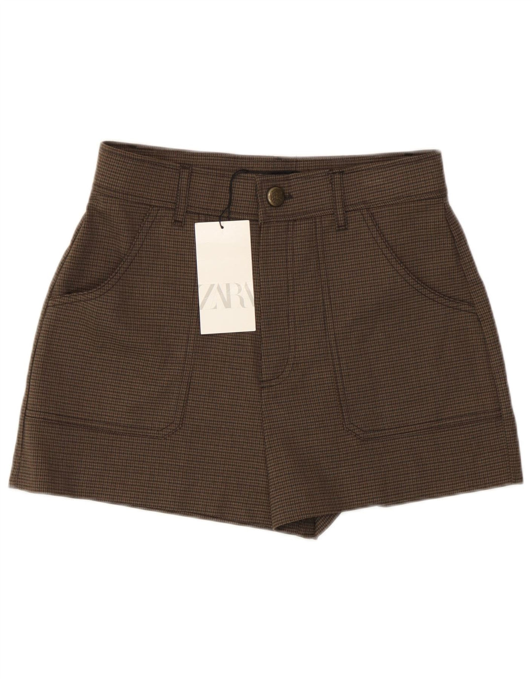 Zara Shorts feminino cintura alta casual pequeno W26 marrom houndstooth poliéster