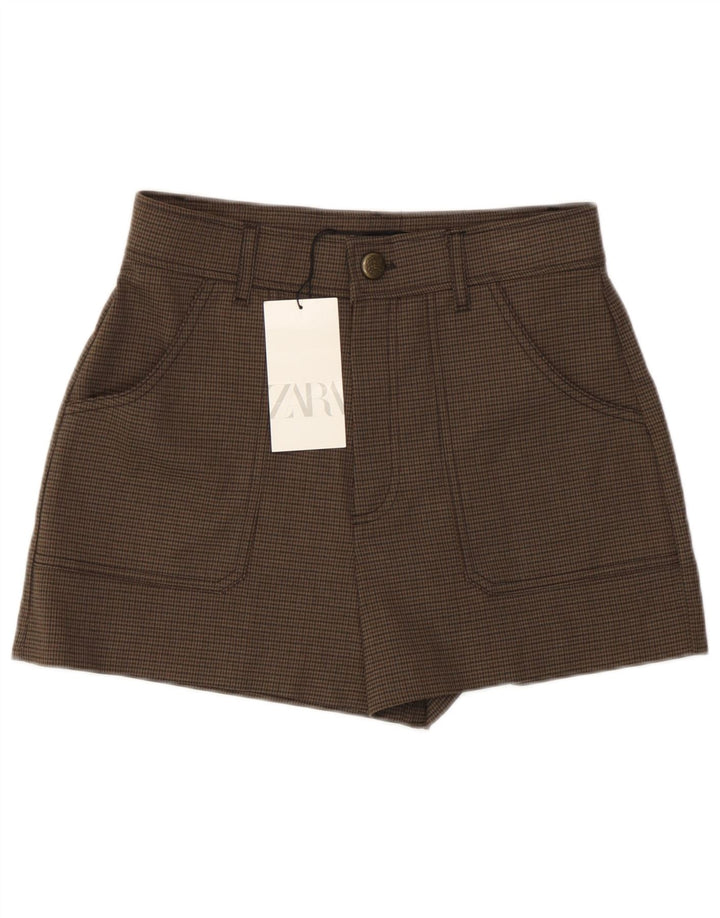 Zara Shorts feminino cintura alta casual pequeno W26 marrom houndstooth poliéster