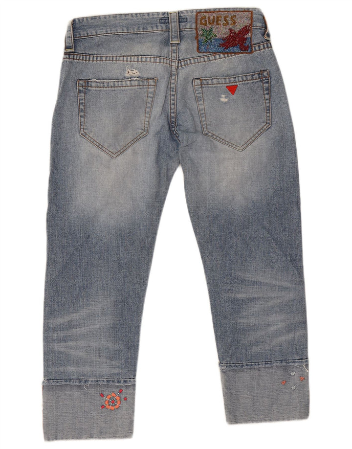 Guess Jeans femininos cortados desgastados W28 L24 algodão azul