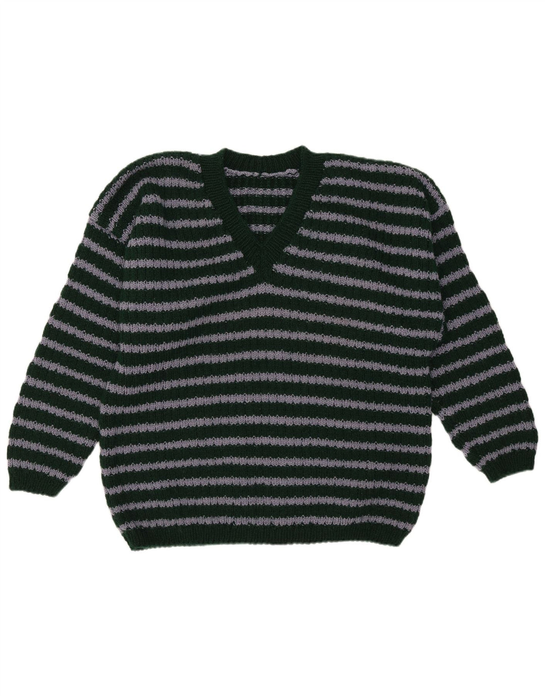 Suéter masculino vintage com decote em V listrado verde médio