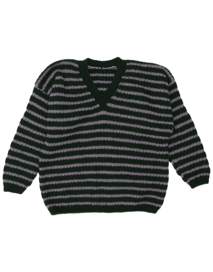 Suéter masculino vintage com decote em V listrado verde médio