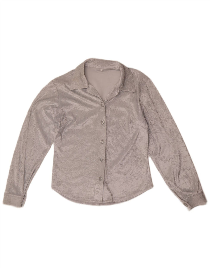 Blusa feminina de veludo vintage UK 12 poliéster cinza médio