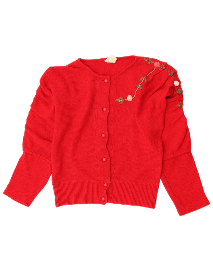 Suéter cardigã feminino vintage Reino Unido 12 lã floral vermelha média