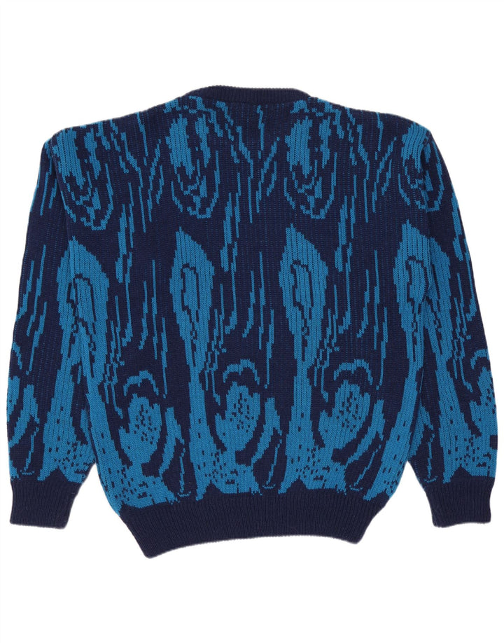 Suéter vintage masculino com gola redonda IT 50 lã geométrica azul médio