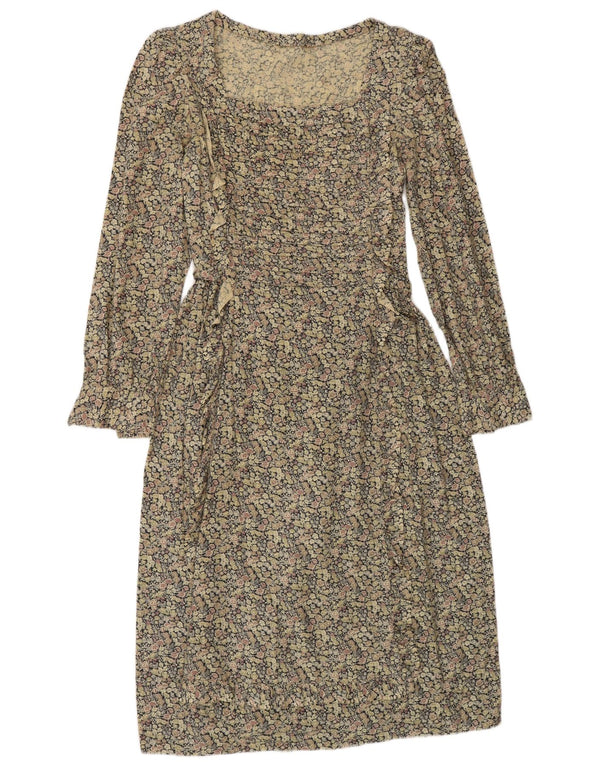 Vestido feminino vintage manga comprida bainha UK 10 pequeno floral multicolorido