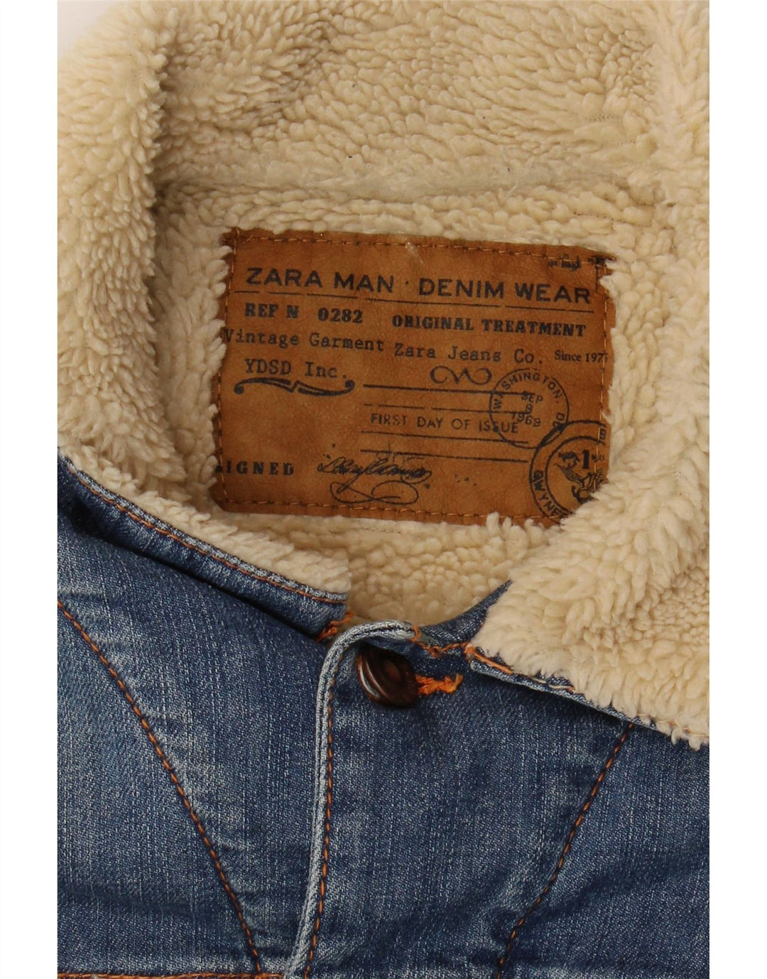 Jaqueta jeans masculina Zara Sherpa Reino Unido 36 bloco colorido azul pequeno
