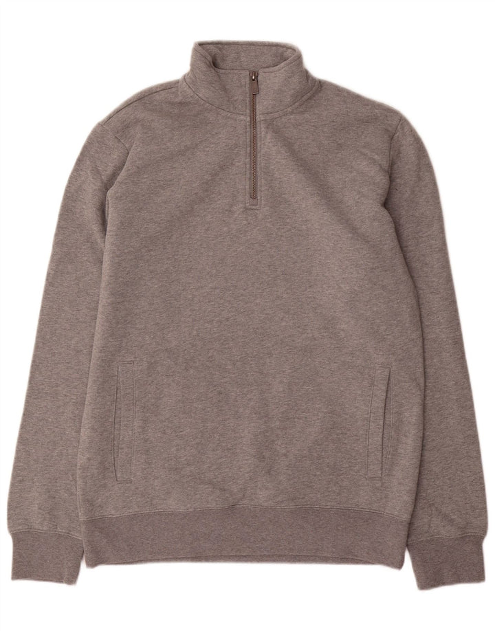 Suéter masculino Marks & Spencer com zíper e gola em algodão manchado cinza médio
