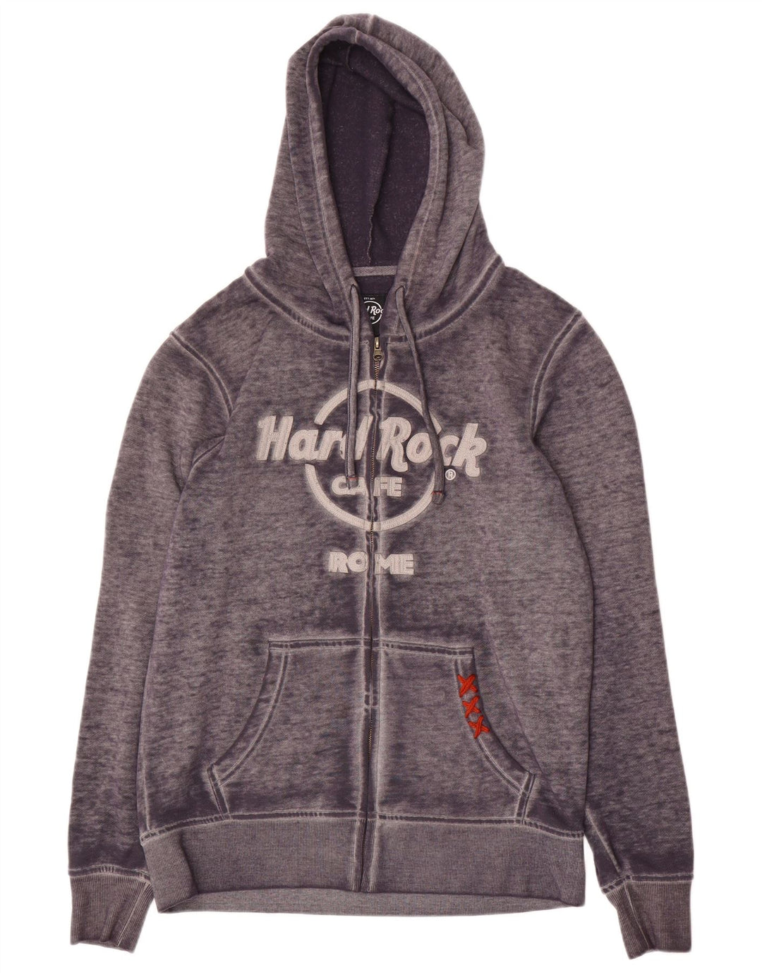 Suéter masculino com capuz e zíper gráfico Hard Rock Cafe Rome cinza médio manchado