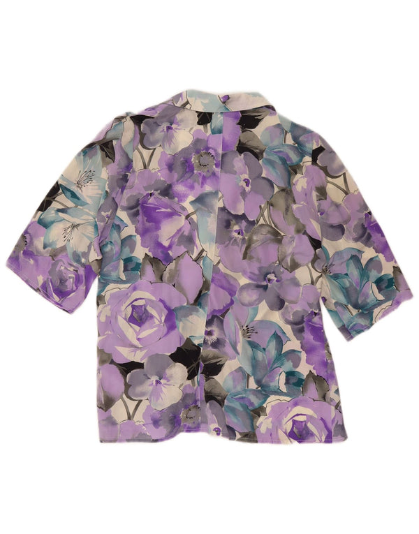 Blusa feminina vintage de manga curta UK 16 grande roxo floral